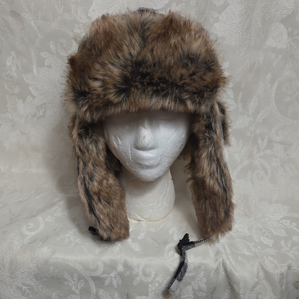 Wild Wear Black And White Flannel Plaid With Faux Fur Winter Trapper Hat